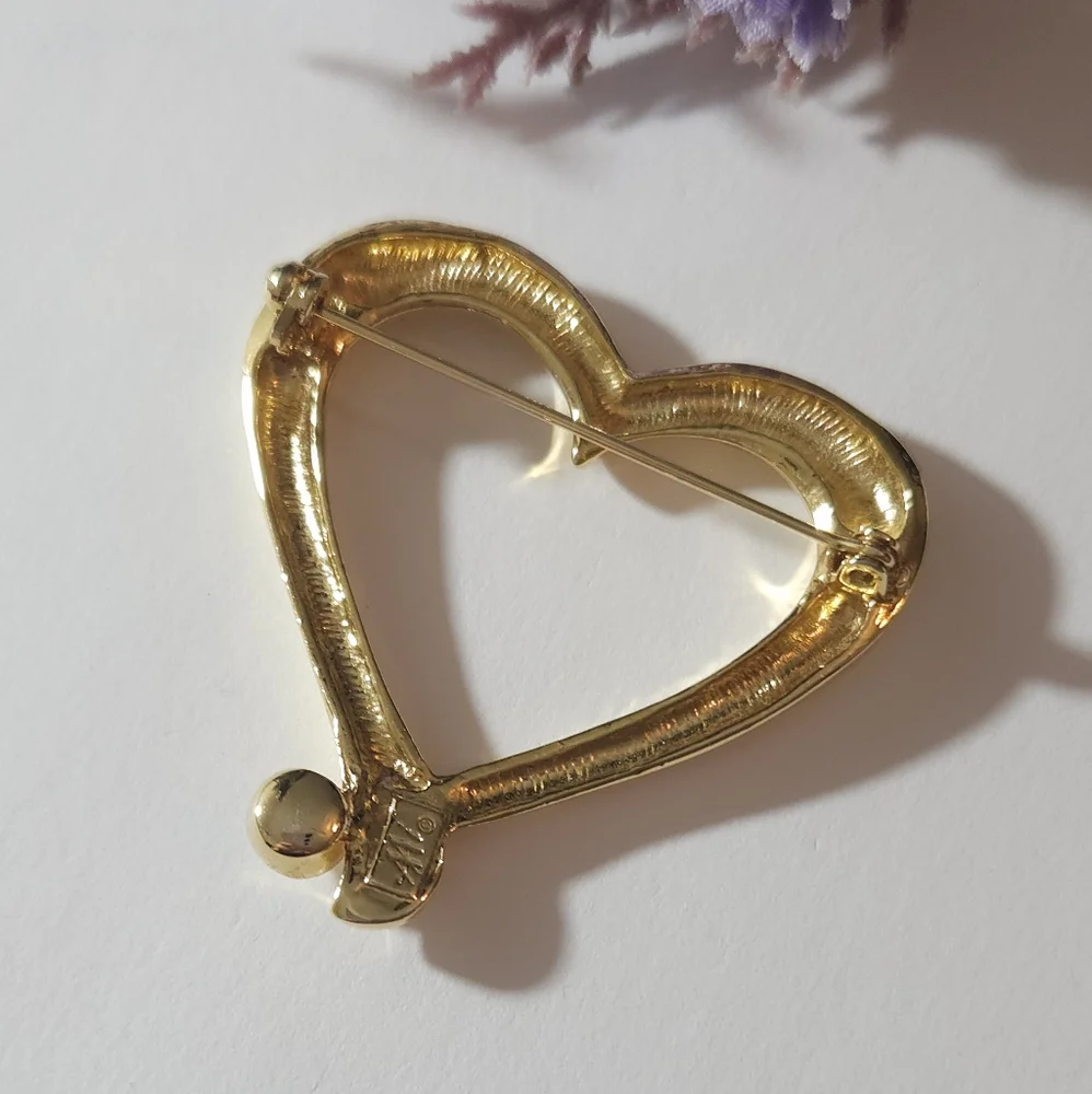 Vintage AAi Gold Plated Crystal Heart Brooch or Pin Signed AAi